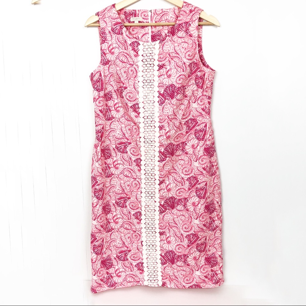 TALBOTS Sheath Dress Sleeveless Shell Print Pink White Crochet Lace Trim Size 8